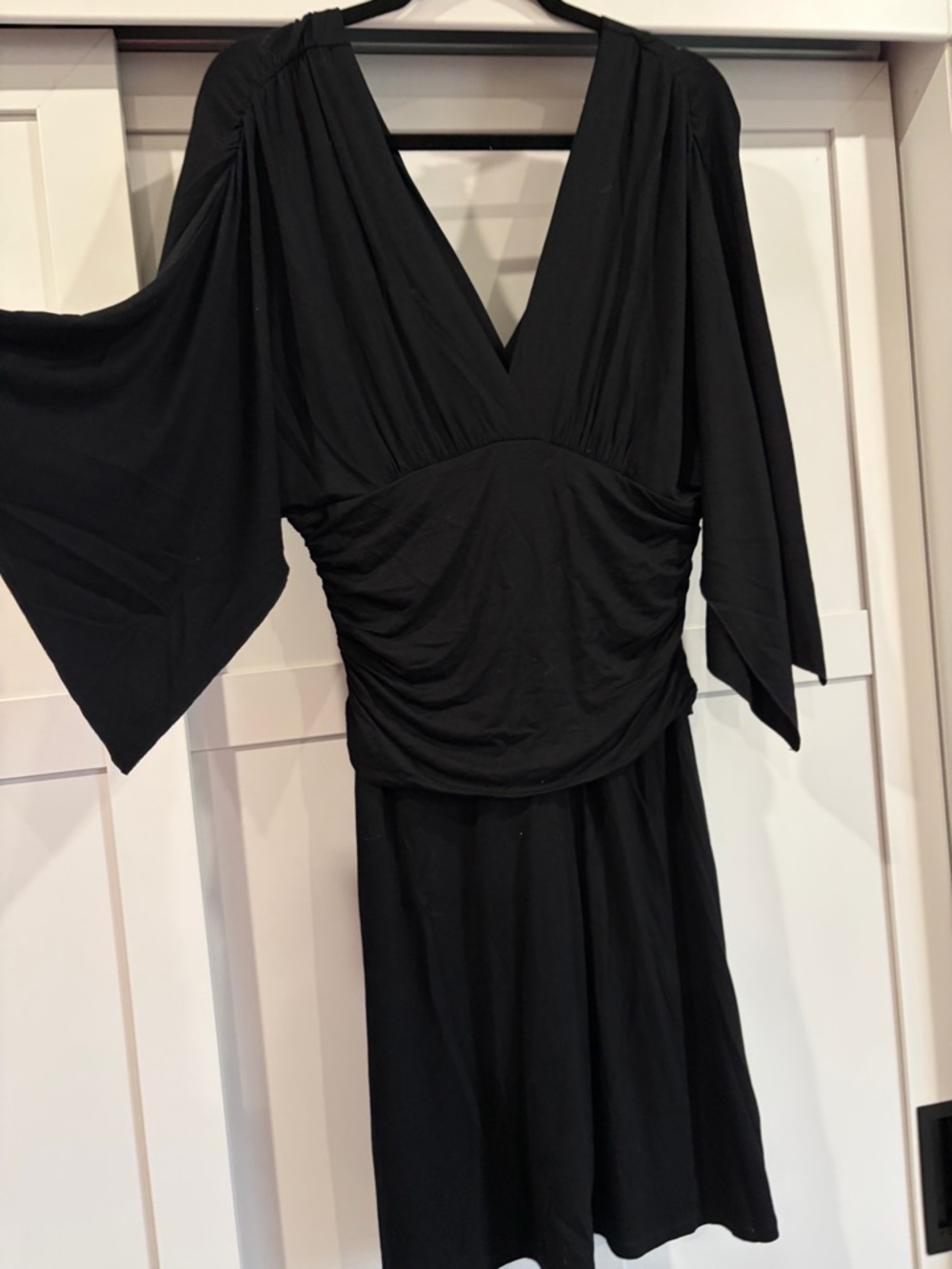 Boston Proper Black V-Neck Draped Ruched Long Sleeve Dress